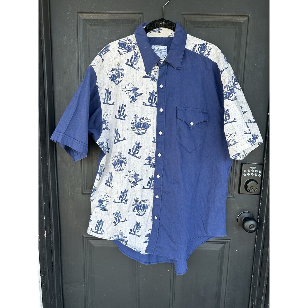 Tru West Rockmount Ranch Wear Shirt Cactus‎ Cowboy Riding Horse Large Blue Snaps